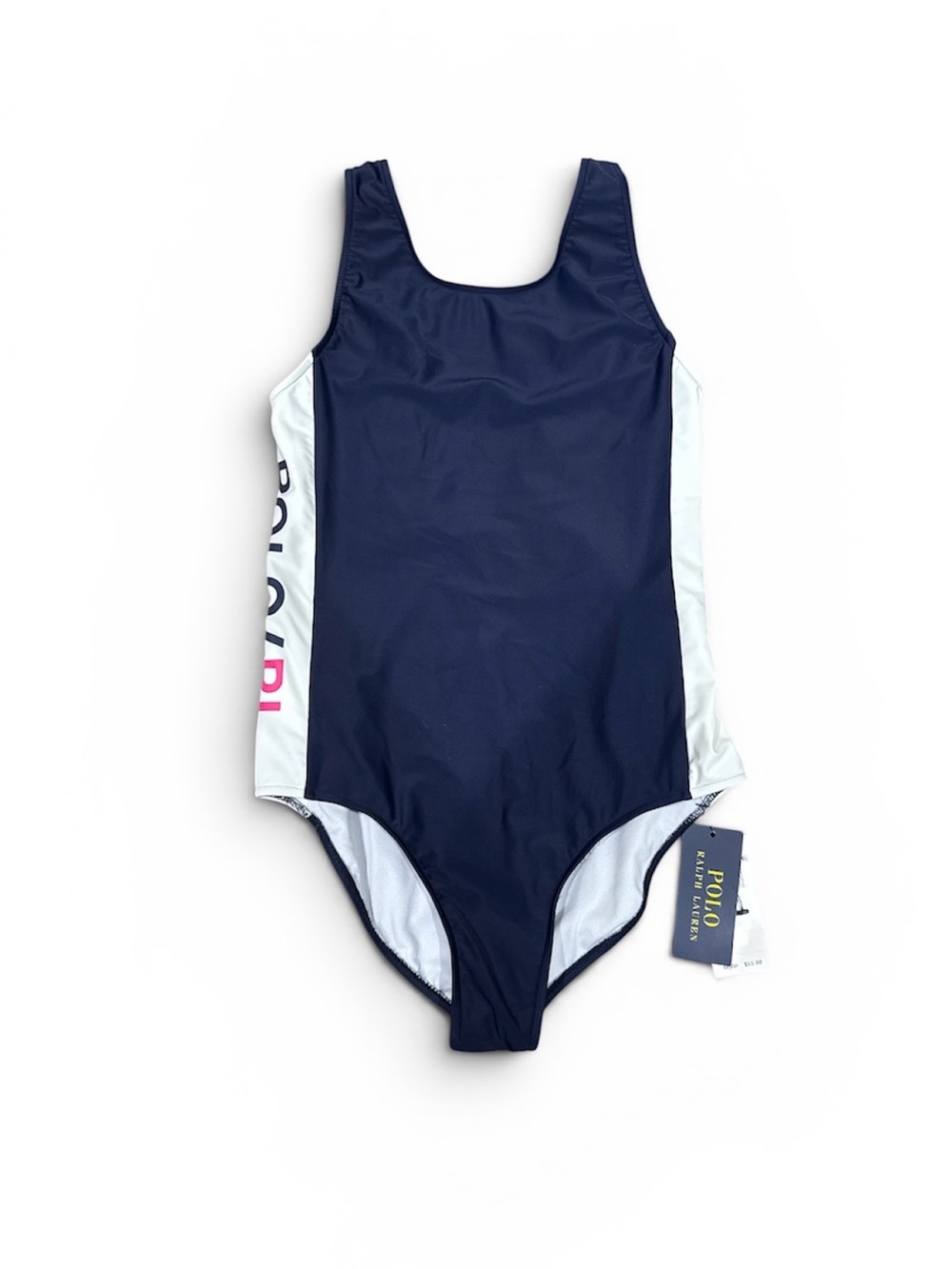 Ralph Lauren Navy and White One-Piece Swimsuit with Pink Logo
